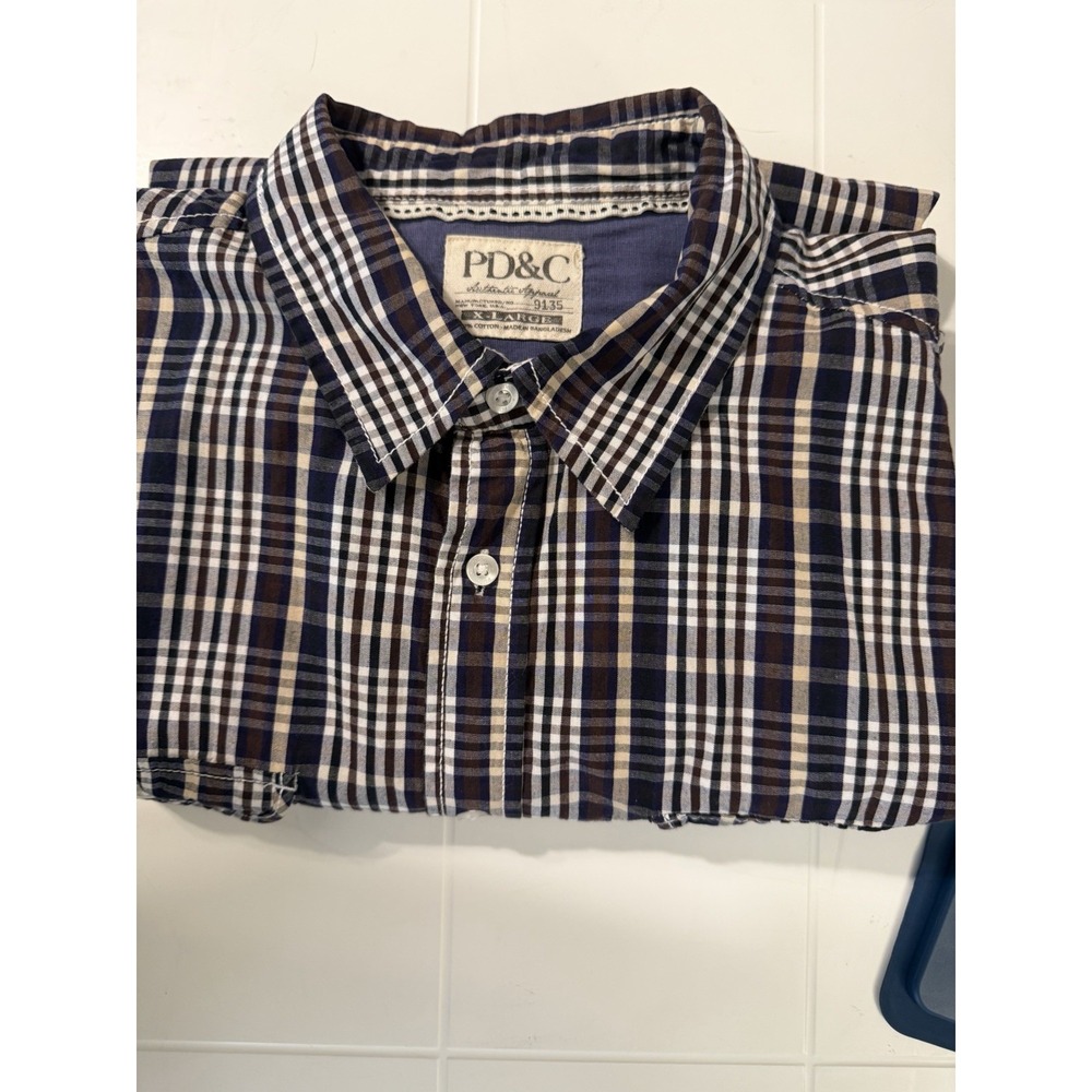 PD&C Men's XL Blue Plaid Long Sleeve Button-Up Shirt